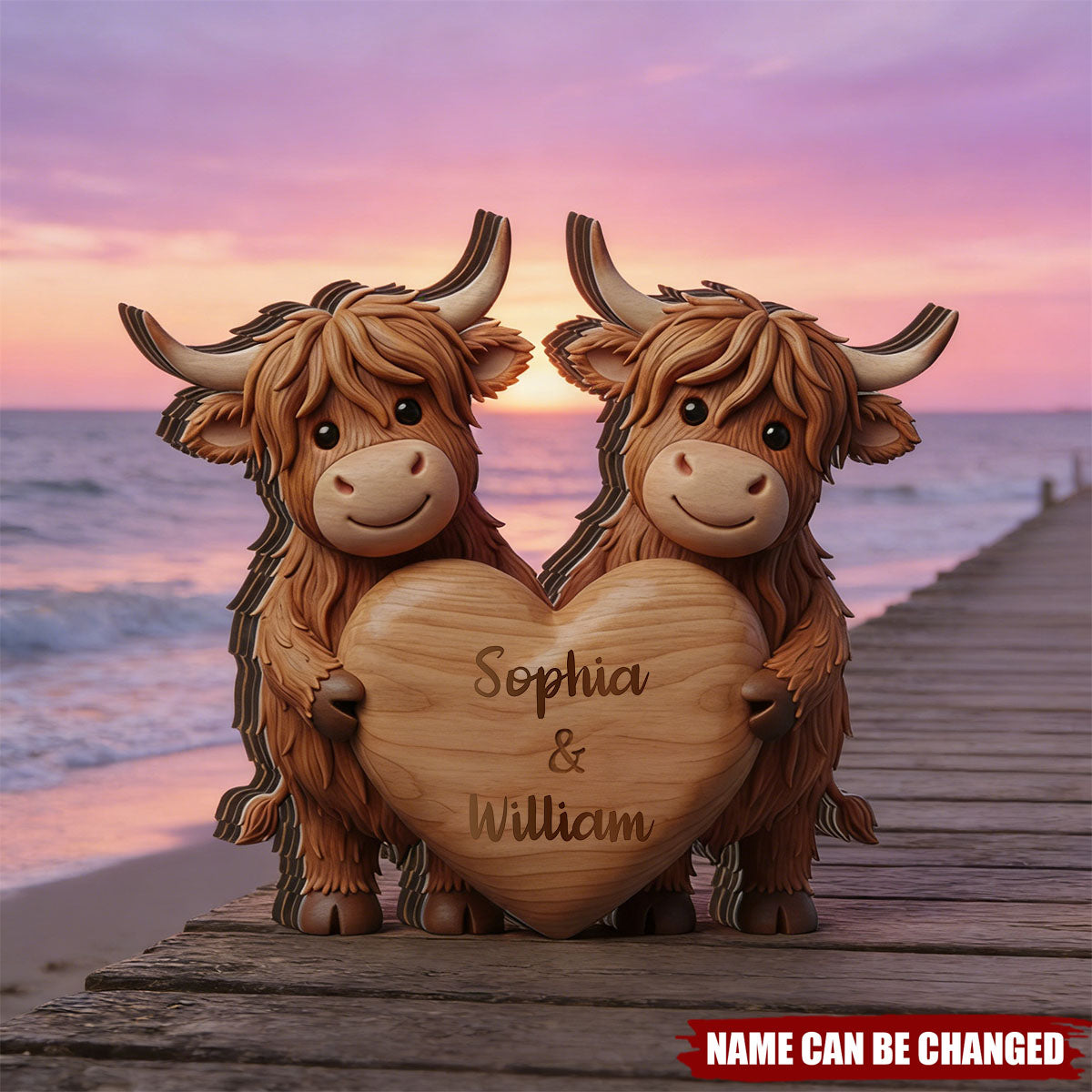 Custom Highland Cow Couple Wooden Blocks: Personalized Cow Wood Plaque