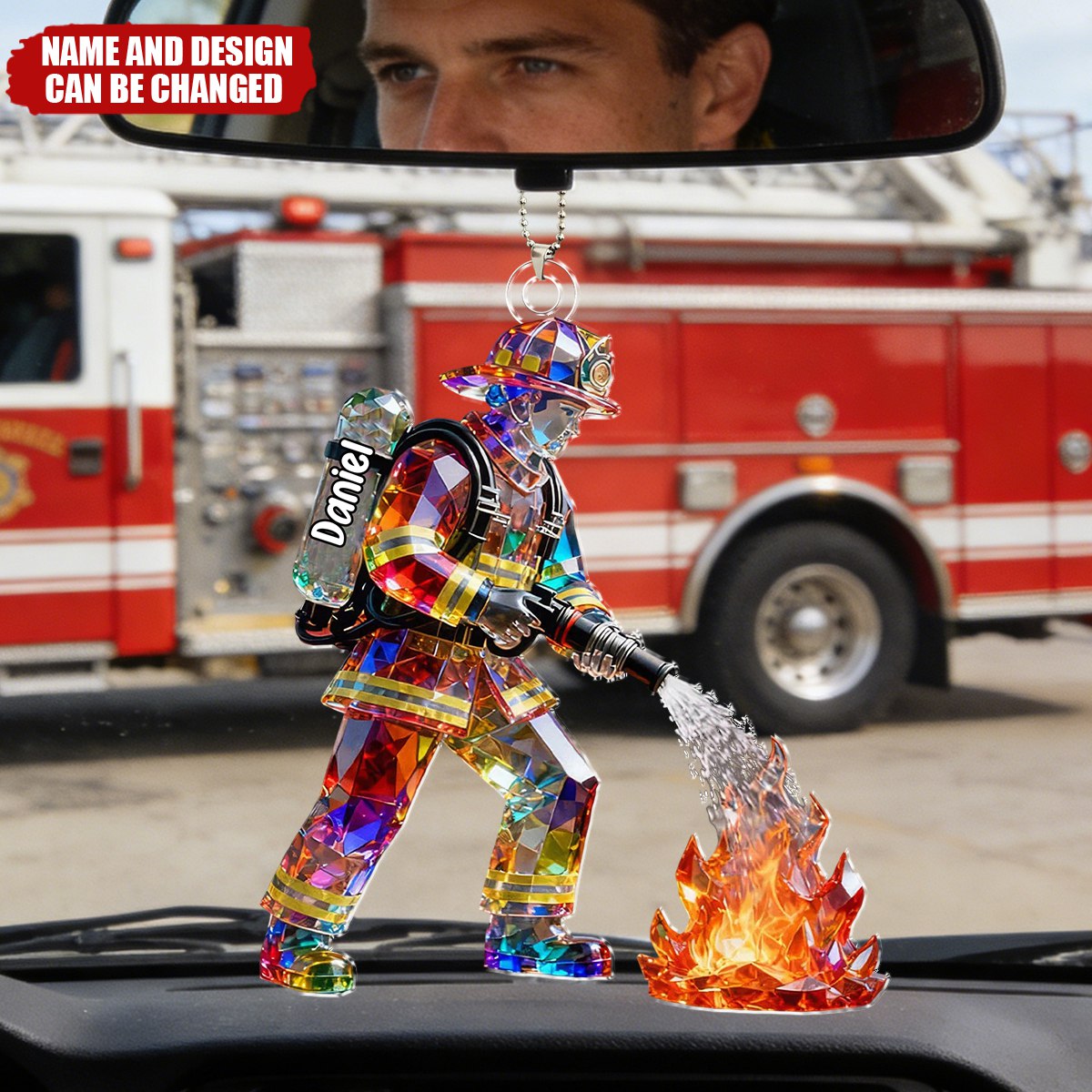 Firefighter Figurine Stained Glass Crystal Effect  - Personalized Car Hanger