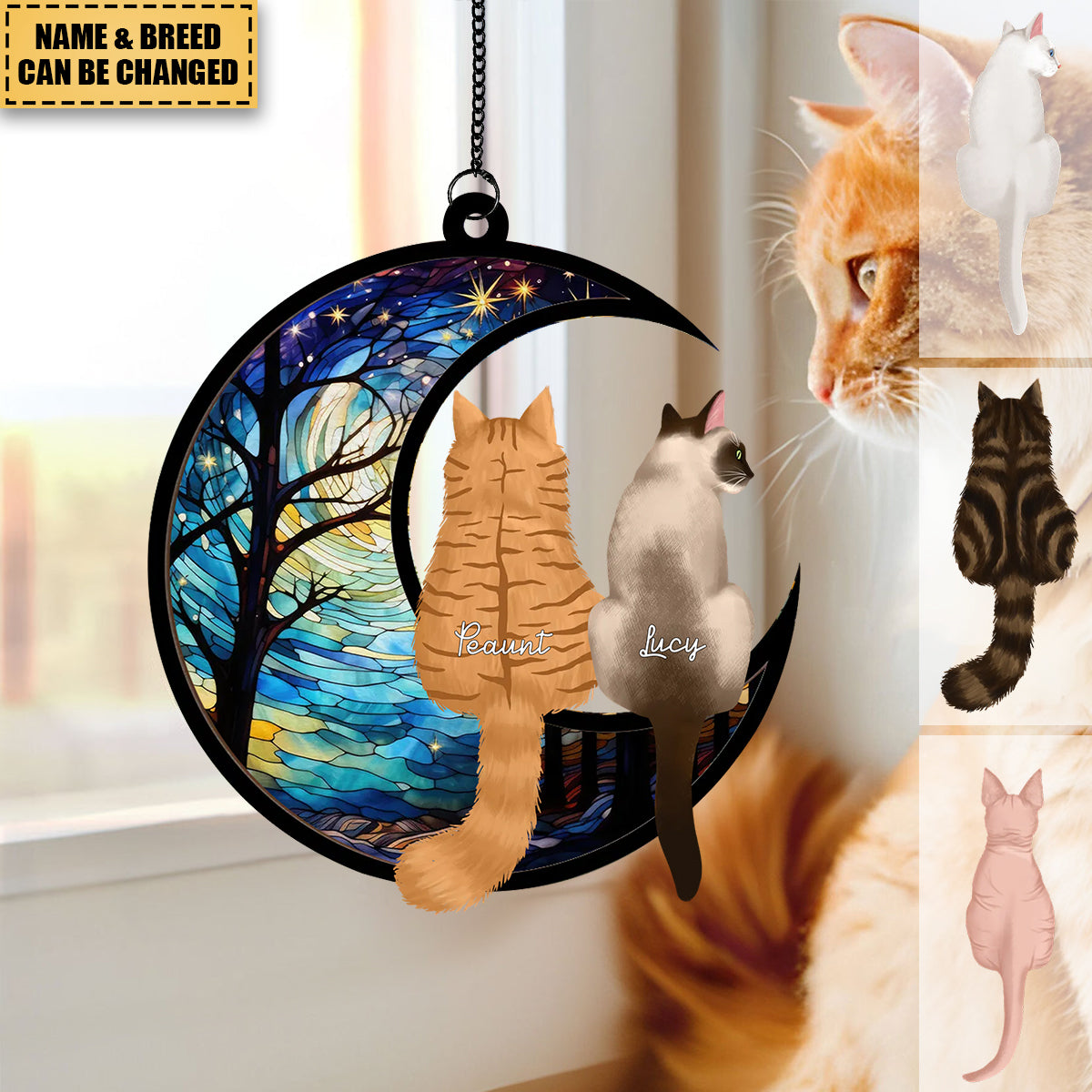 Cats On Moon Personalized Window Hanging Suncatcher Ornament, Halloween Decor For Cat Lovers