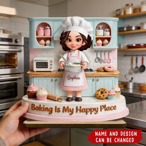 Baking Is My Happy Place - Personalized 2-Layered Wooden Plaque, Gift For Mom, Grandma