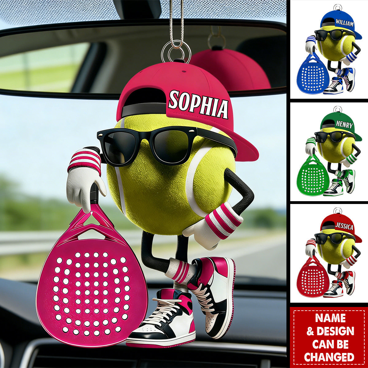 Personalized Padel Acrylic Car Ornament Cute Tennis Ball Character with Sunglasses and Cap