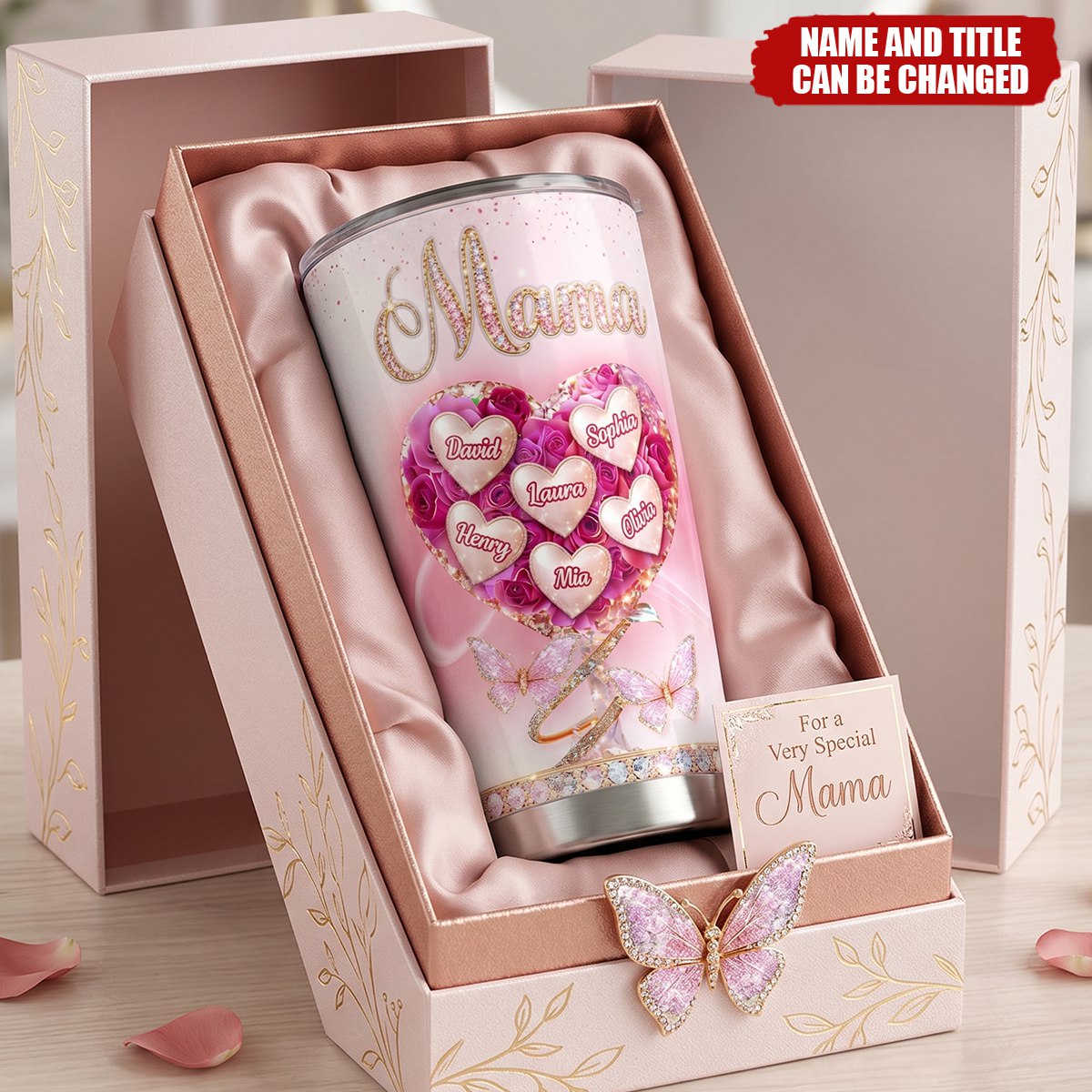 Heart Rose Flower Grandkids - Personalized Stainless Steel Tumbler