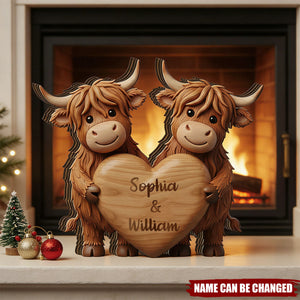 Custom Highland Cow Couple Wooden Blocks: Personalized Cow Wood Plaque