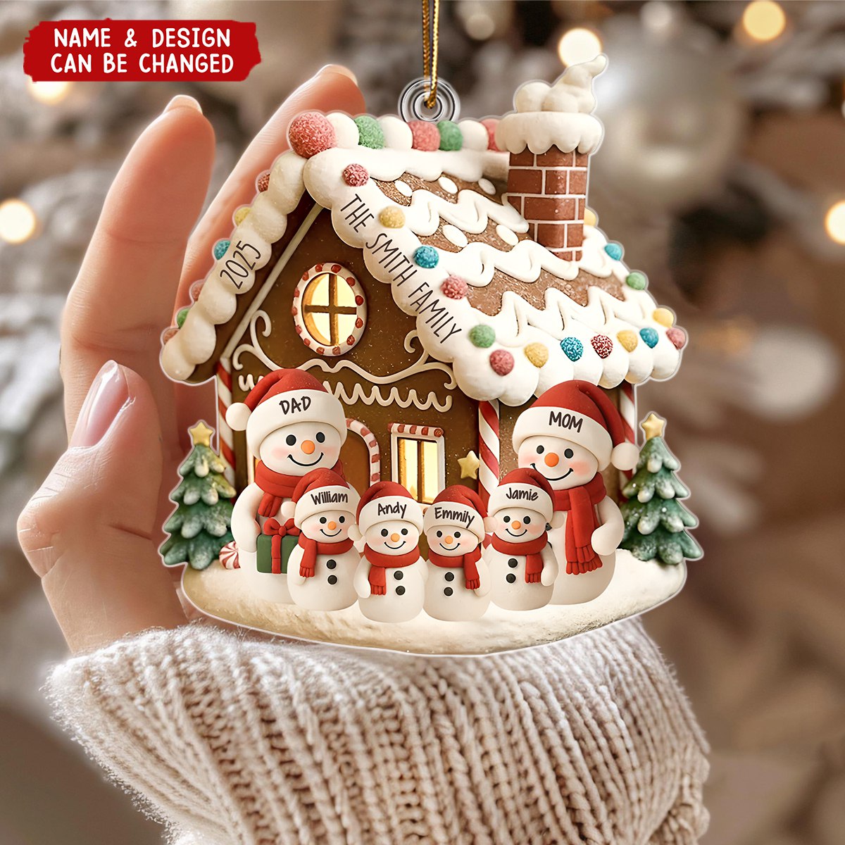 Gingerbread House With Snowman Family - Personalized Acrylic Ornament