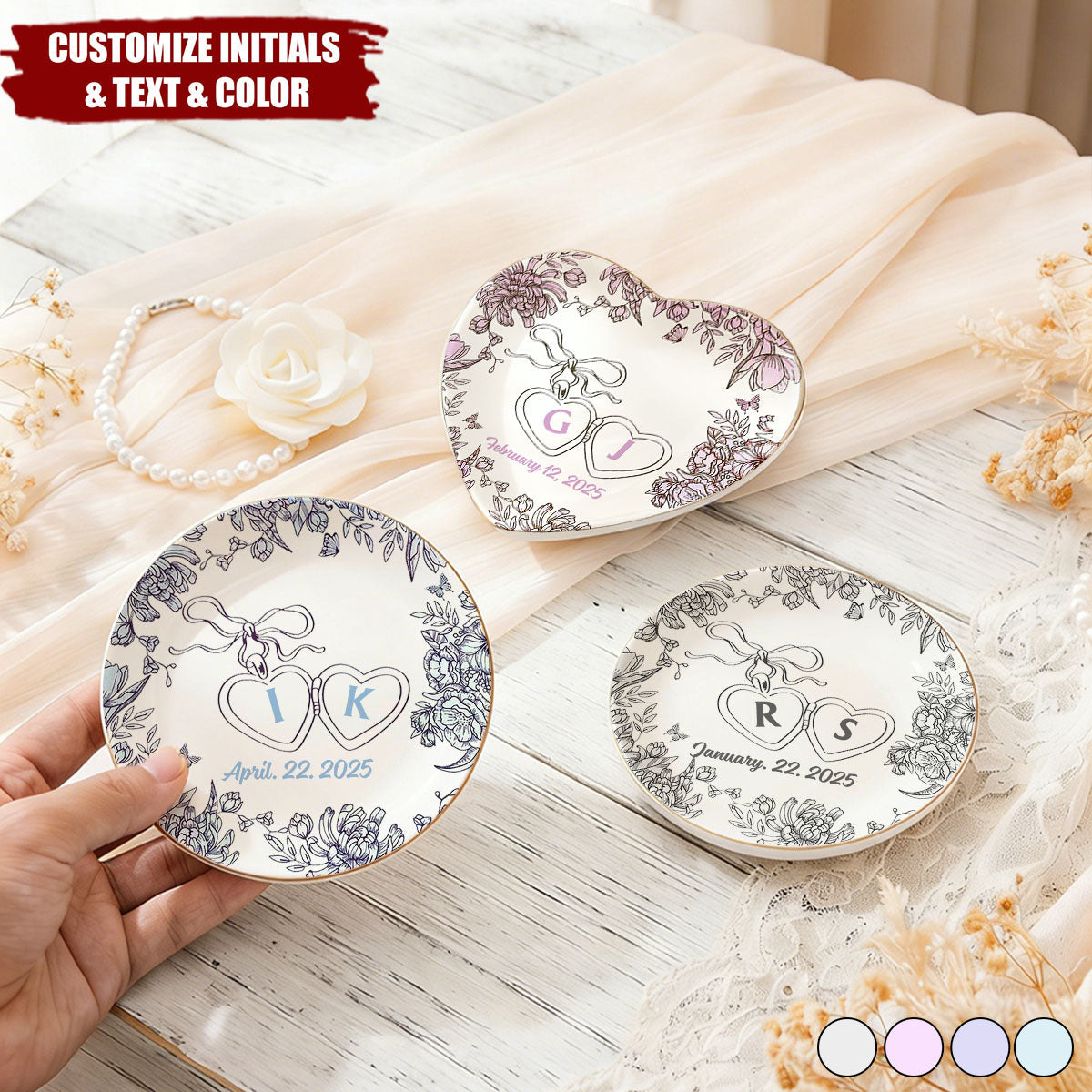 Toile De Jouy Personalized Locked Ring Jewelry Dish - Anniversary Wedding Gift
