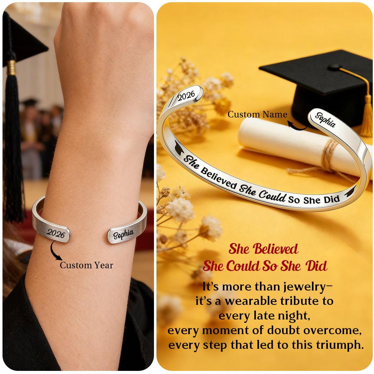 She Believed She Could So She Did Graduation - Personalized Bangle Bracelet Cuff