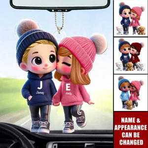 3D Cute Cartoon Couple You Me And The Dog Cat Personalized Acrylic Ornament, Valentine's Day Gift for Him, Gift for Her