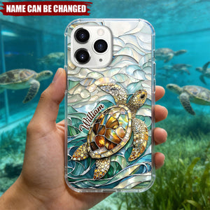 Sea Turtle Swimming In Stained Glass Waves - Personalized Full Print Phone Case
