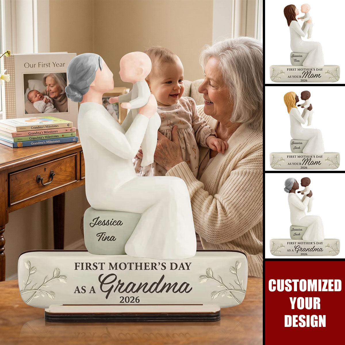 Personalized 2-Layer Wooden Plaque, Mom Holding Baby Keepsake,  Unique First Mother's Day Gift