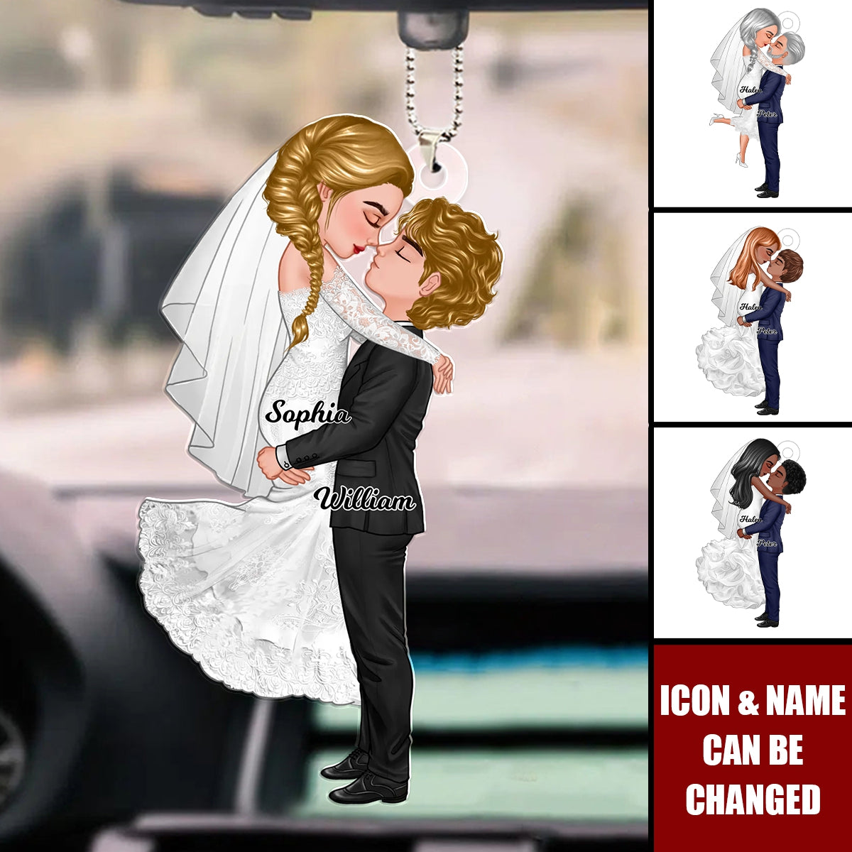 Groom & Bride Hugging Kissing Couple Acrylic Car Ornament,  Anniversary Valentine Wedding Gift For Her For Him