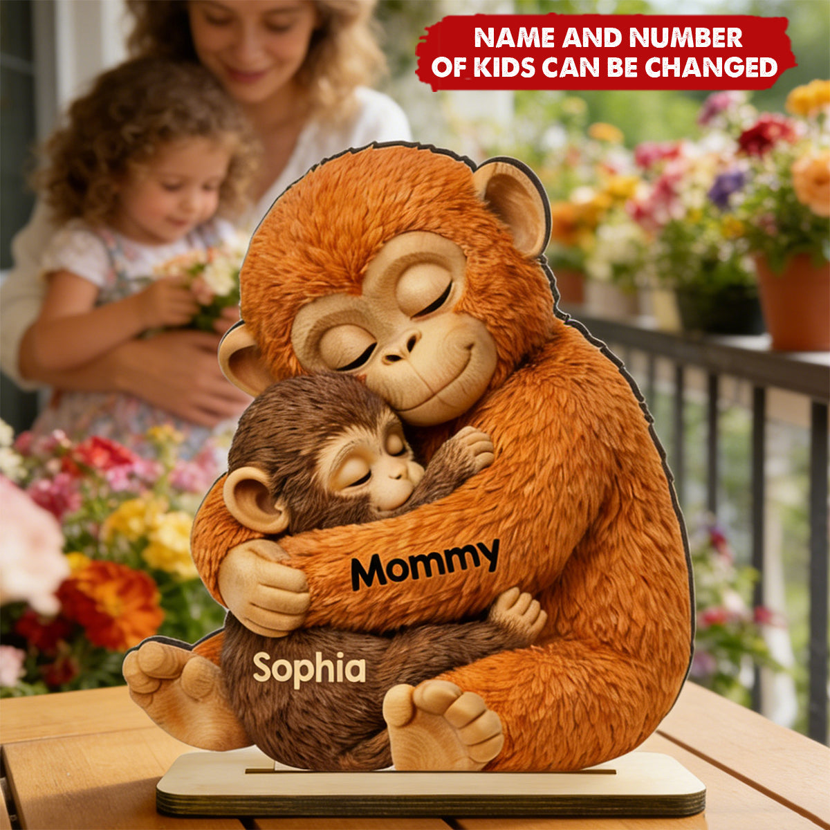 Mother Monkey & Children, Baby Monkey Punch - Personalized 2-Layered Wooden Plaque - Heartfelt Mother's Day Gift for Mom, Wife