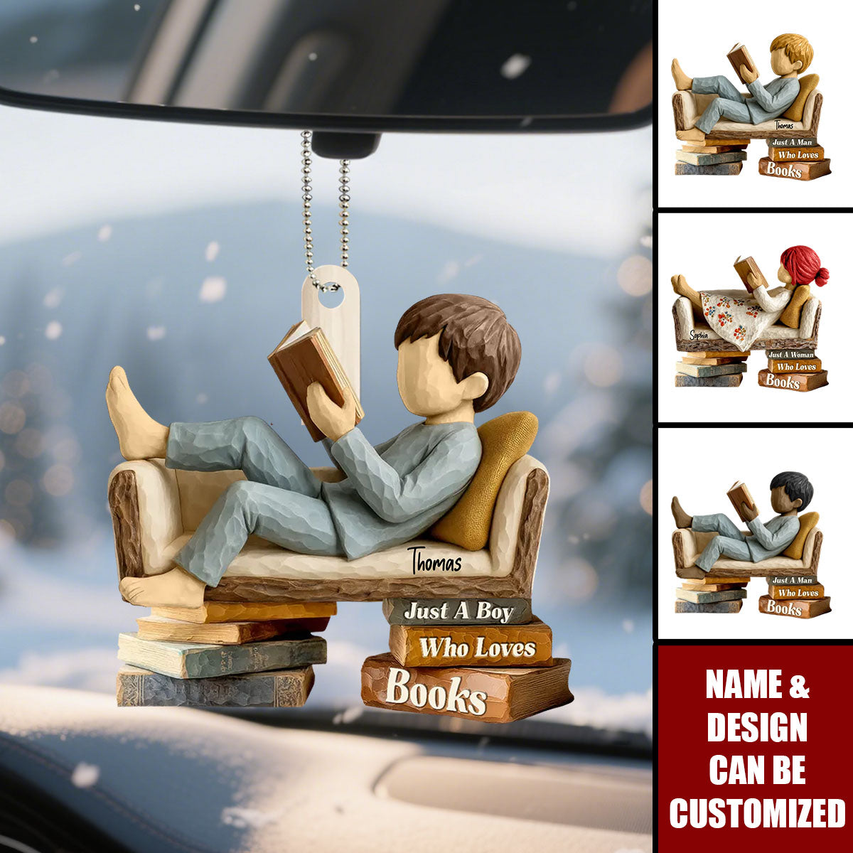 Man Woman Reading Book On Sofa - Personalized Wooden Car Ornament, Gift For Book Lover, Bookworm
