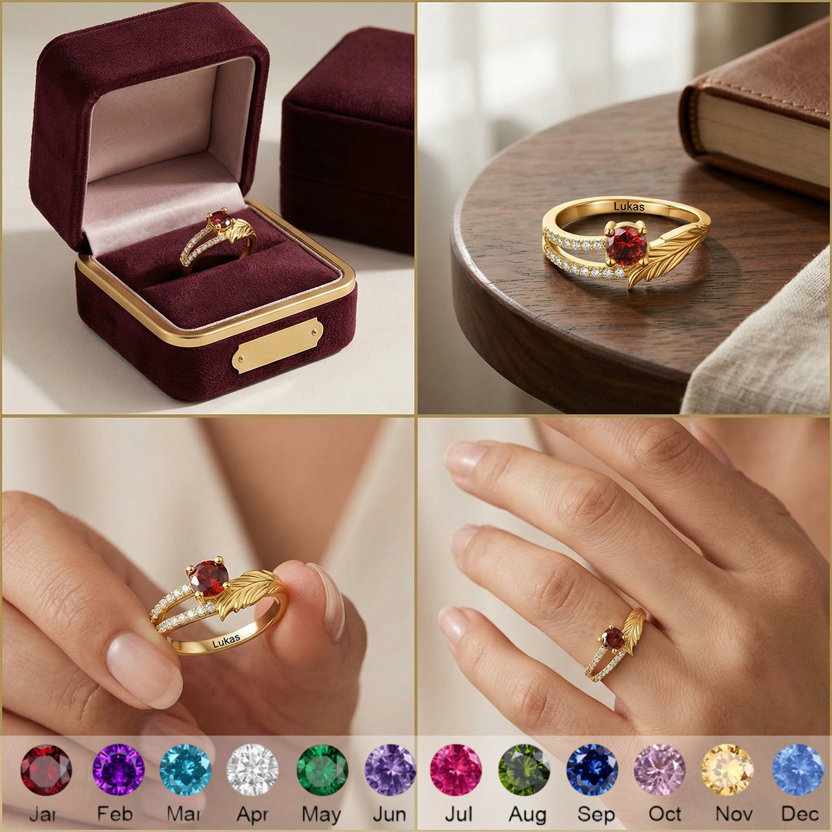 Forever in Our Hearts - Personalized Feather Birthstone Ring with Text