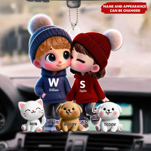 3D Cute Cartoon Couple You Me And The Dog Cat Personalized Acrylic Ornament, Valentine's Day Gift for Him, Gift for Her