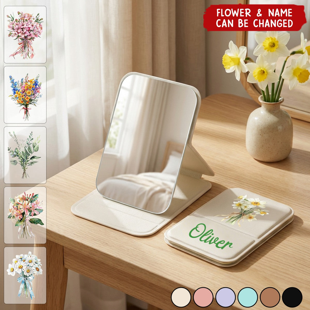 Birth Flowers Personalized Square Folding Pocket Travel Makeup Mirror