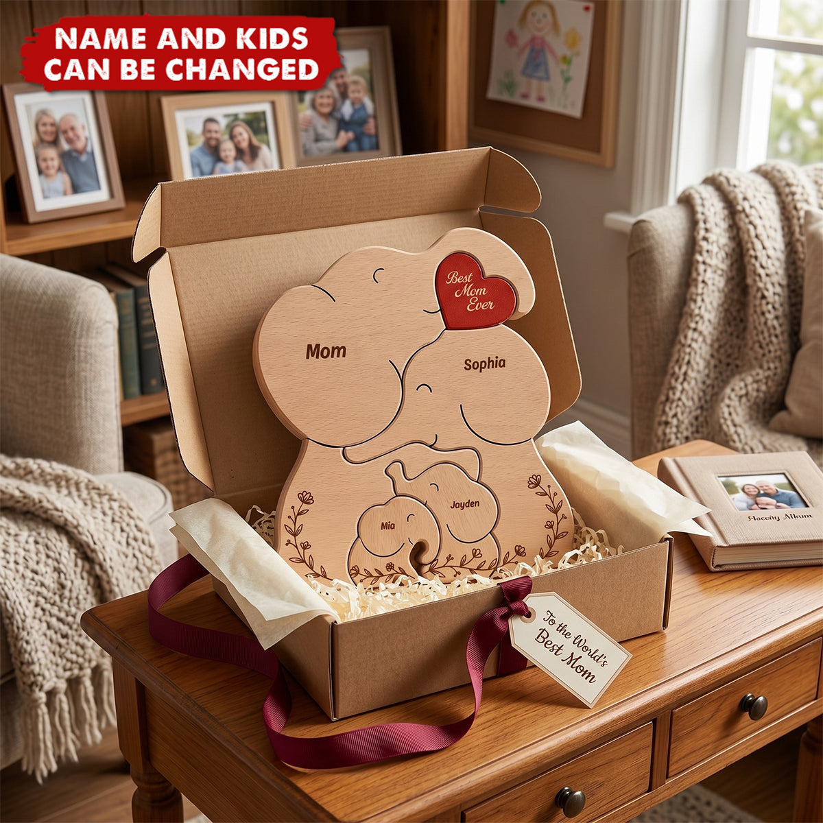 Best Mom Ever Gift For Mother's Day - Personalized Elephant Family Wooden Puzzle