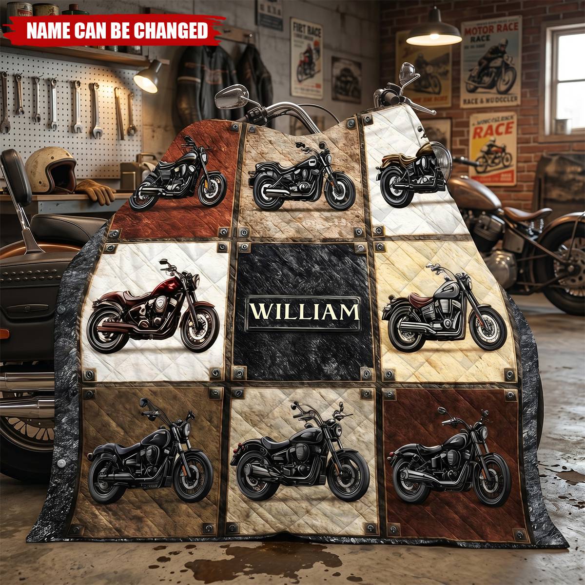 Personalized Motorcycle Quilt Blanket, Custom Name Biker Gift