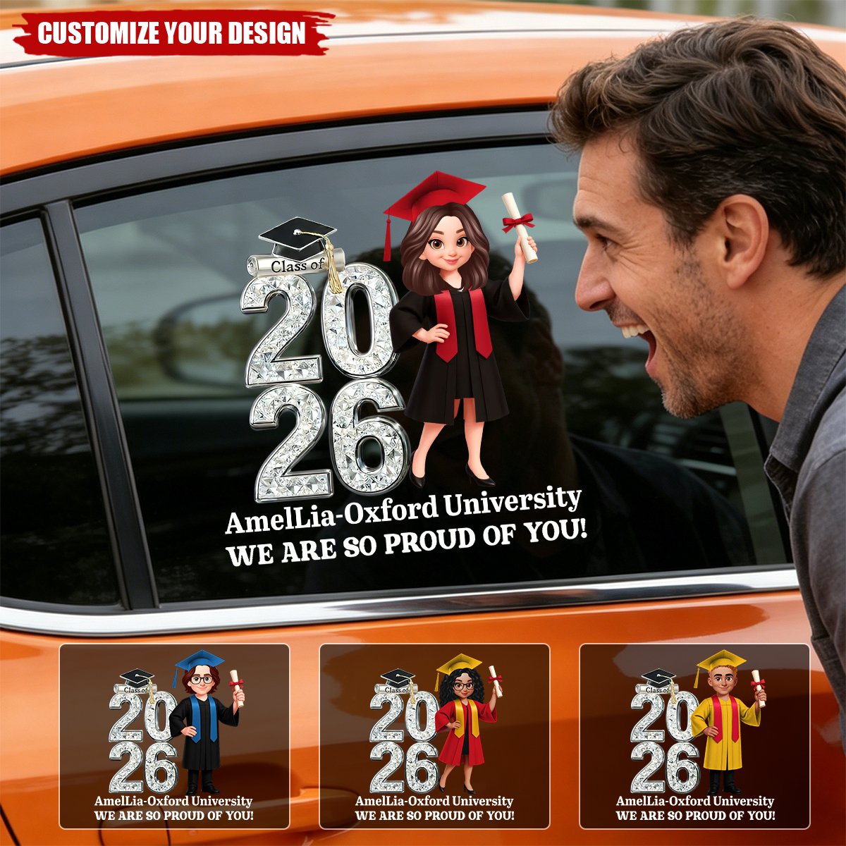 Personalized Graduation Sticker Decal Class of 2026 Girl Holding Diploma Proud Message Unique Gift