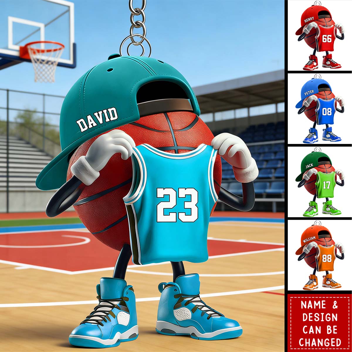 Personalized Basketball Character Acrylic Keychain on Outdoor Court