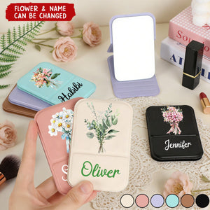 Birth Flowers Personalized Square Folding Pocket Travel Makeup Mirror