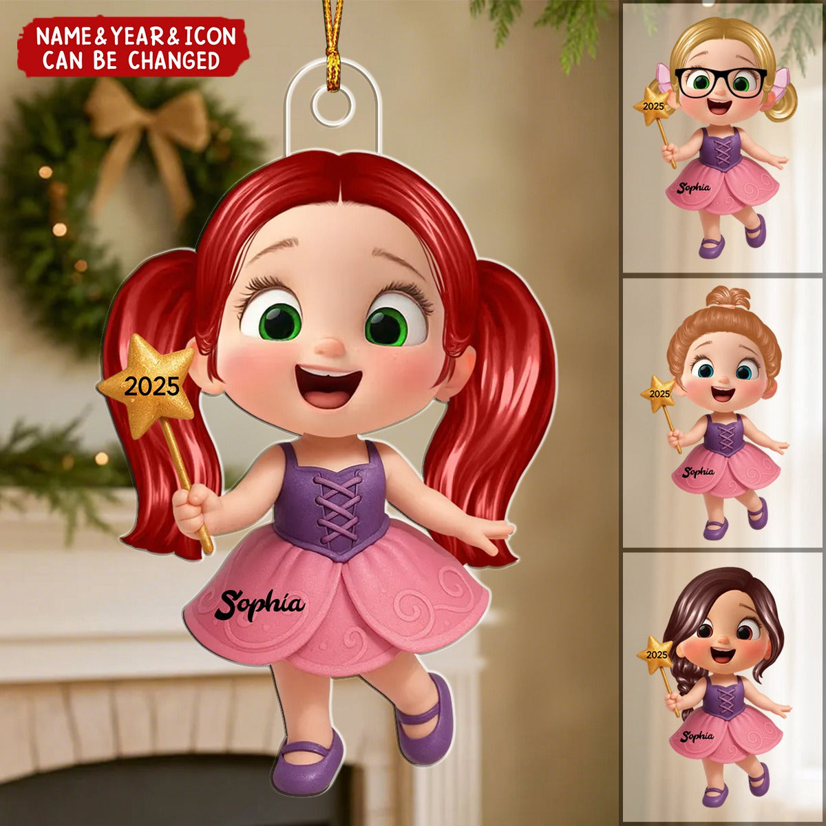 Cartoon Fairy Kid Christmas Personalized Acrylic Ornament, Beautiful Gift For Grandkids
