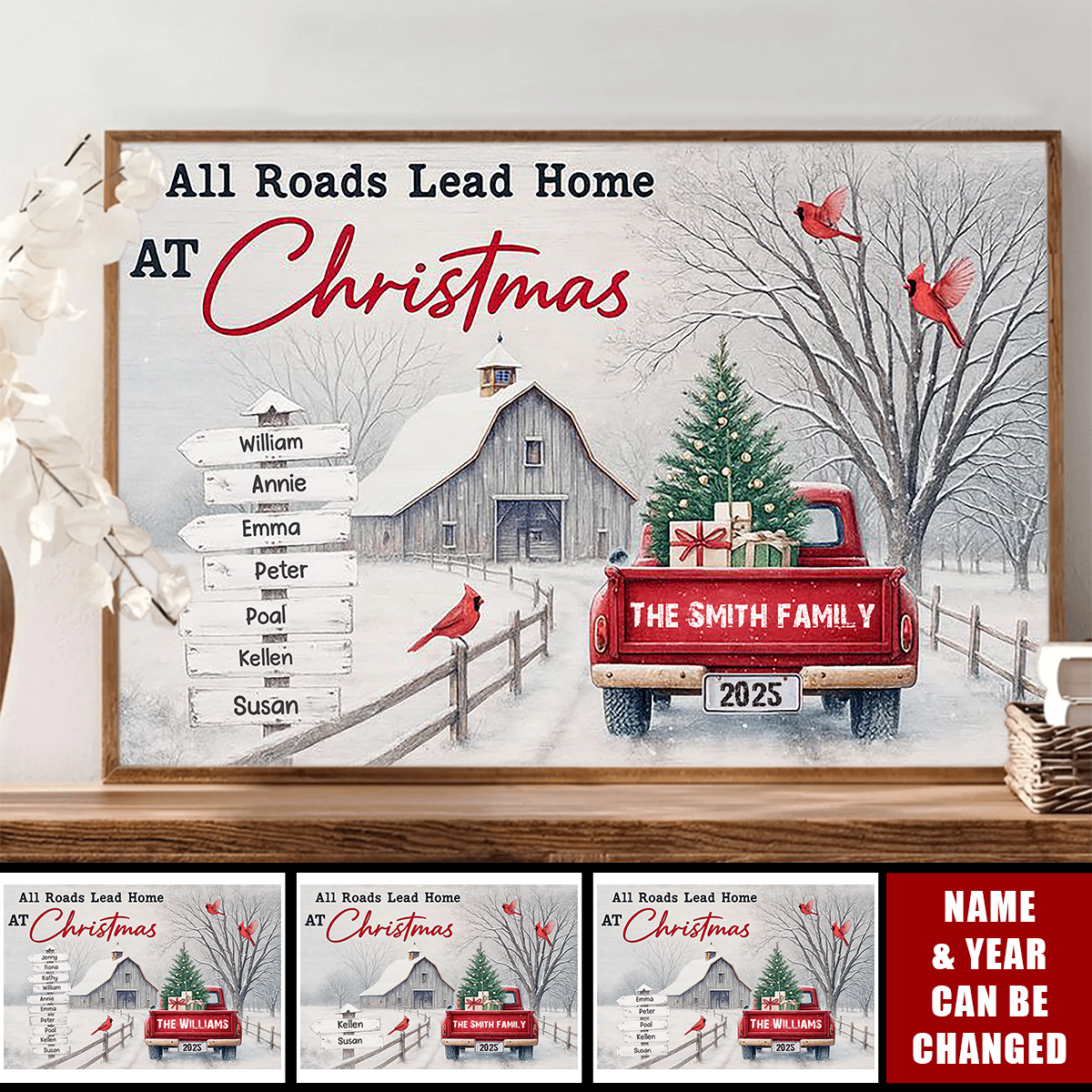 All Roads Lead Home At Christmas With Red Truck and Cardinal Birds, Personalized Horizontal Poster