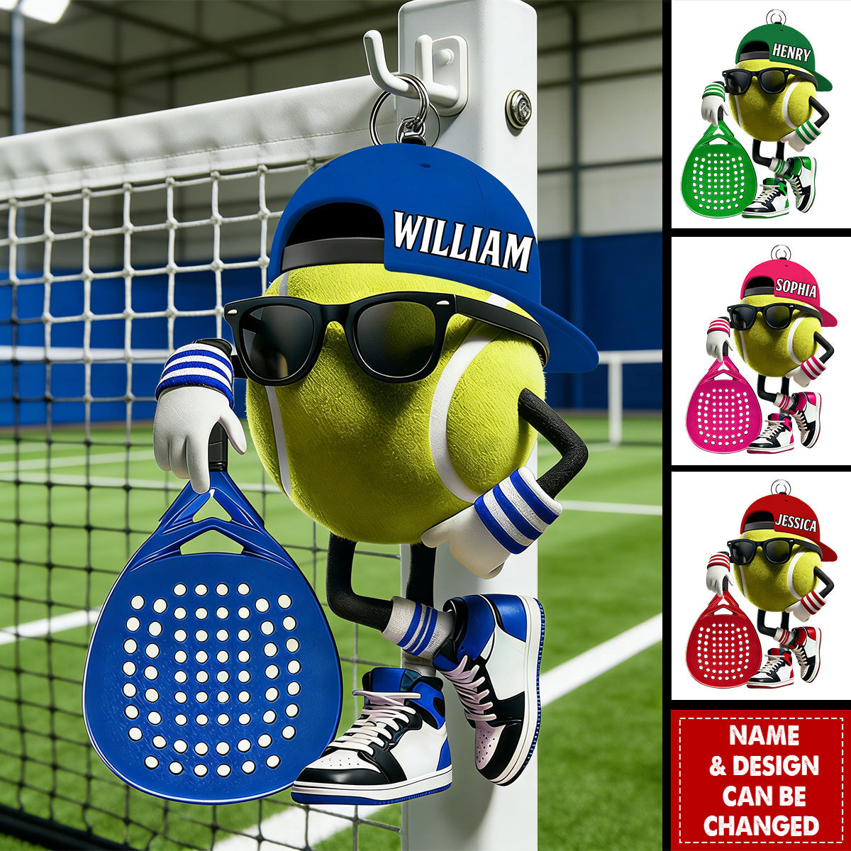 Personalized Padel Acrylic Keychain Cute Tennis Ball Character with Sunglasses and Cap