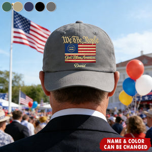 Stars And Stripes Faux Embroidery Effect We The People - Personalized Vintage Washed Denim Cap