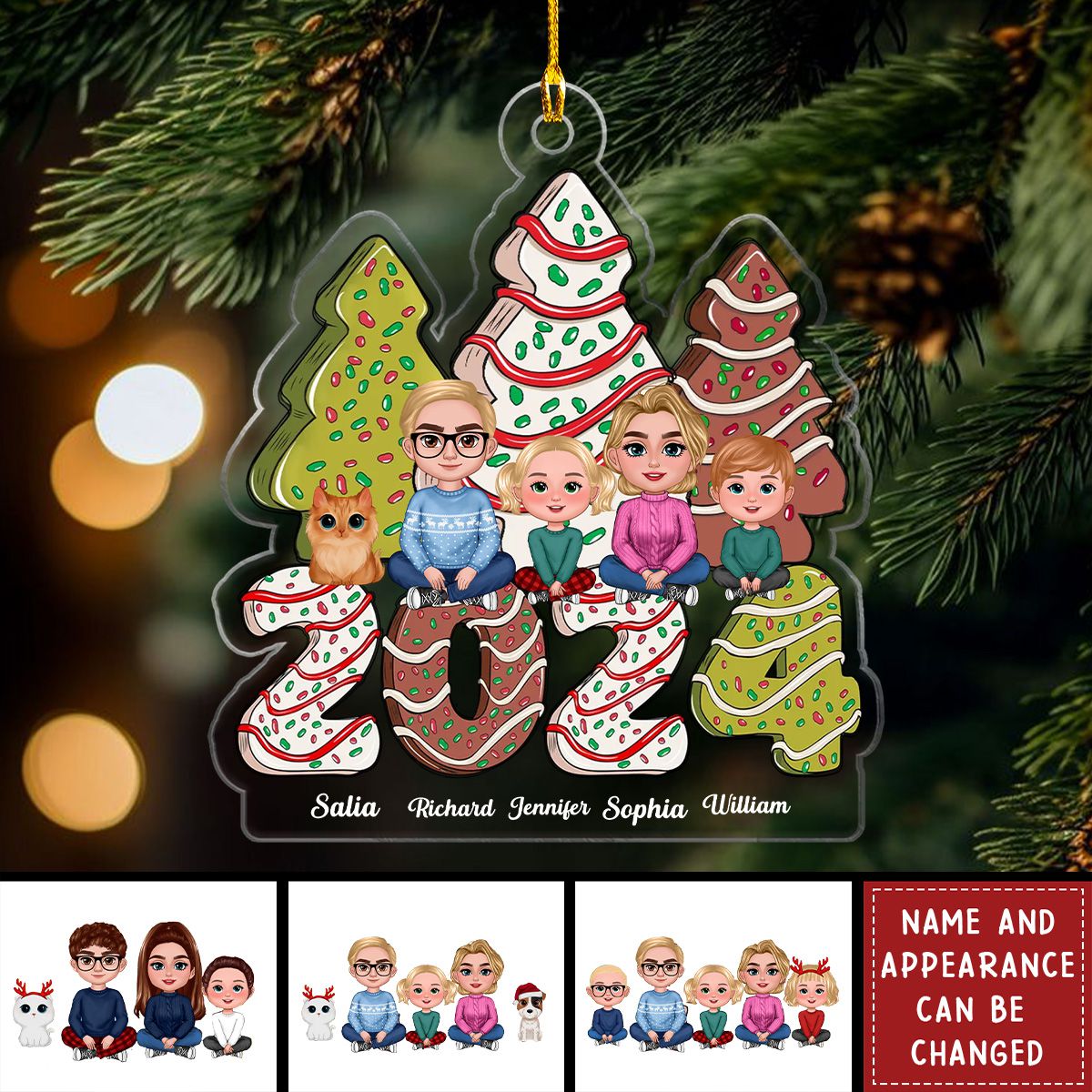 Family Crossed Legs Sitting Christmas Tree Cake Patterned Personalized Acrylic Ornament