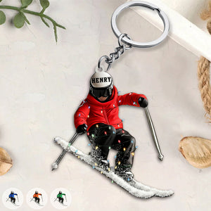 Funny Skiing Personalized Name Shaped Acrylic Keychain - Gift For Skiing Lovers