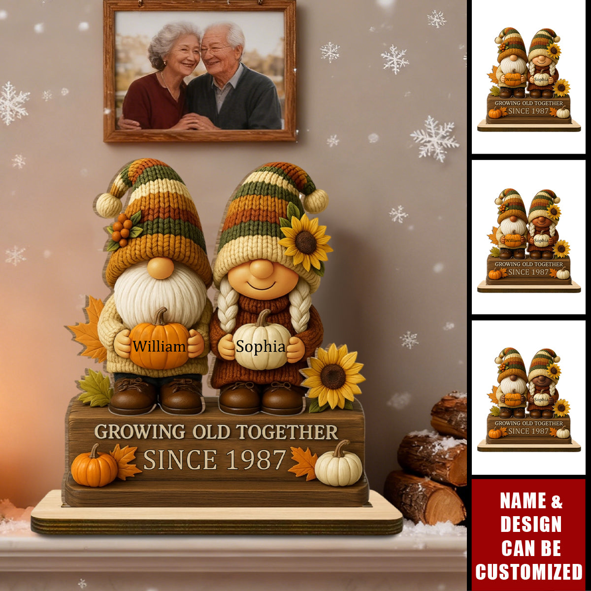 Growing Old Together, Gnome Couple With Sunflowers And Pumpkins - Personalized Standing Wooden Plaque
