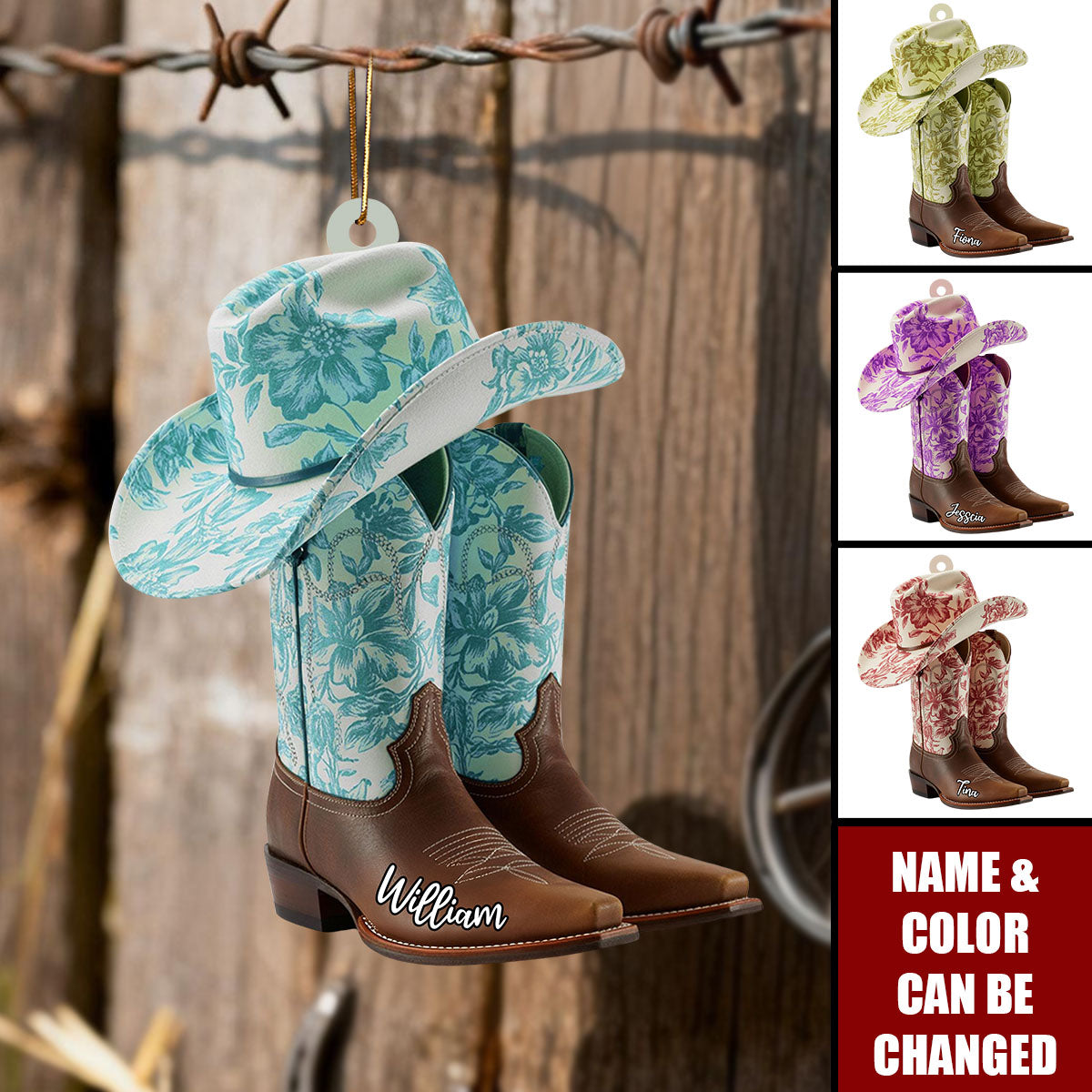 Western Toile de Jouy-Personalized Cowboy Boots Hat Acrylic Ornament