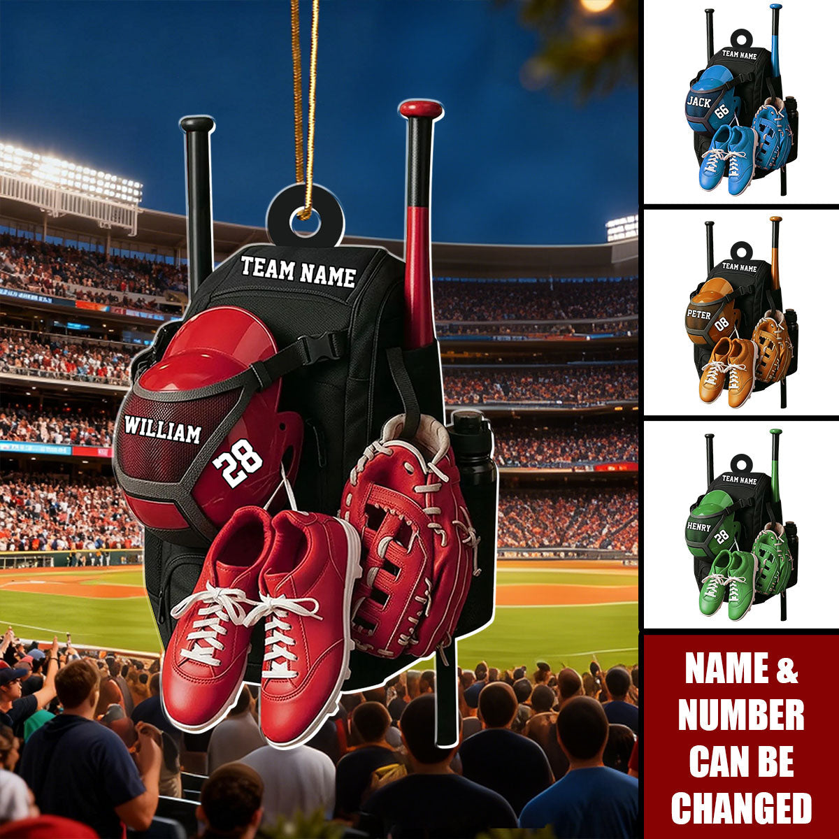 Personalized Baseball Ornament, Custom Baseball Bag with Helmet Baseball Ornament