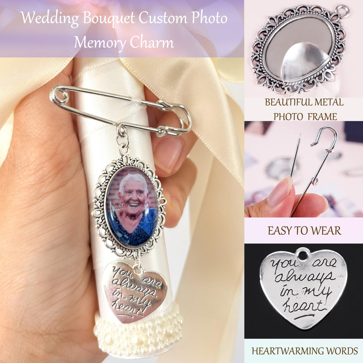 Custom Photo Bouquet Memory Charm Wedding Personalized Lapel Pin, Remembrance Gift