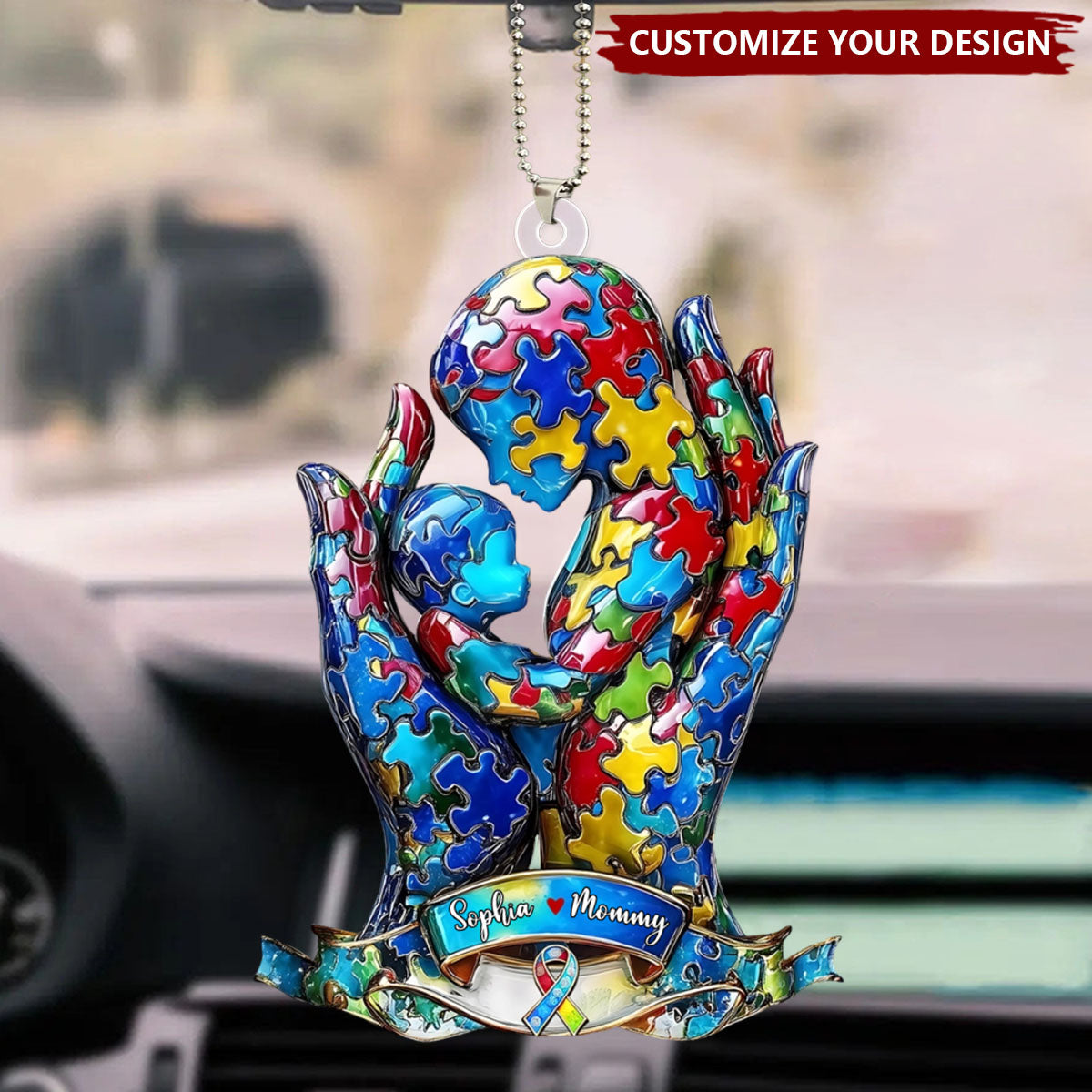 Mom And Kid - Personalized Autism Awareness Acrylic Car Ornament
