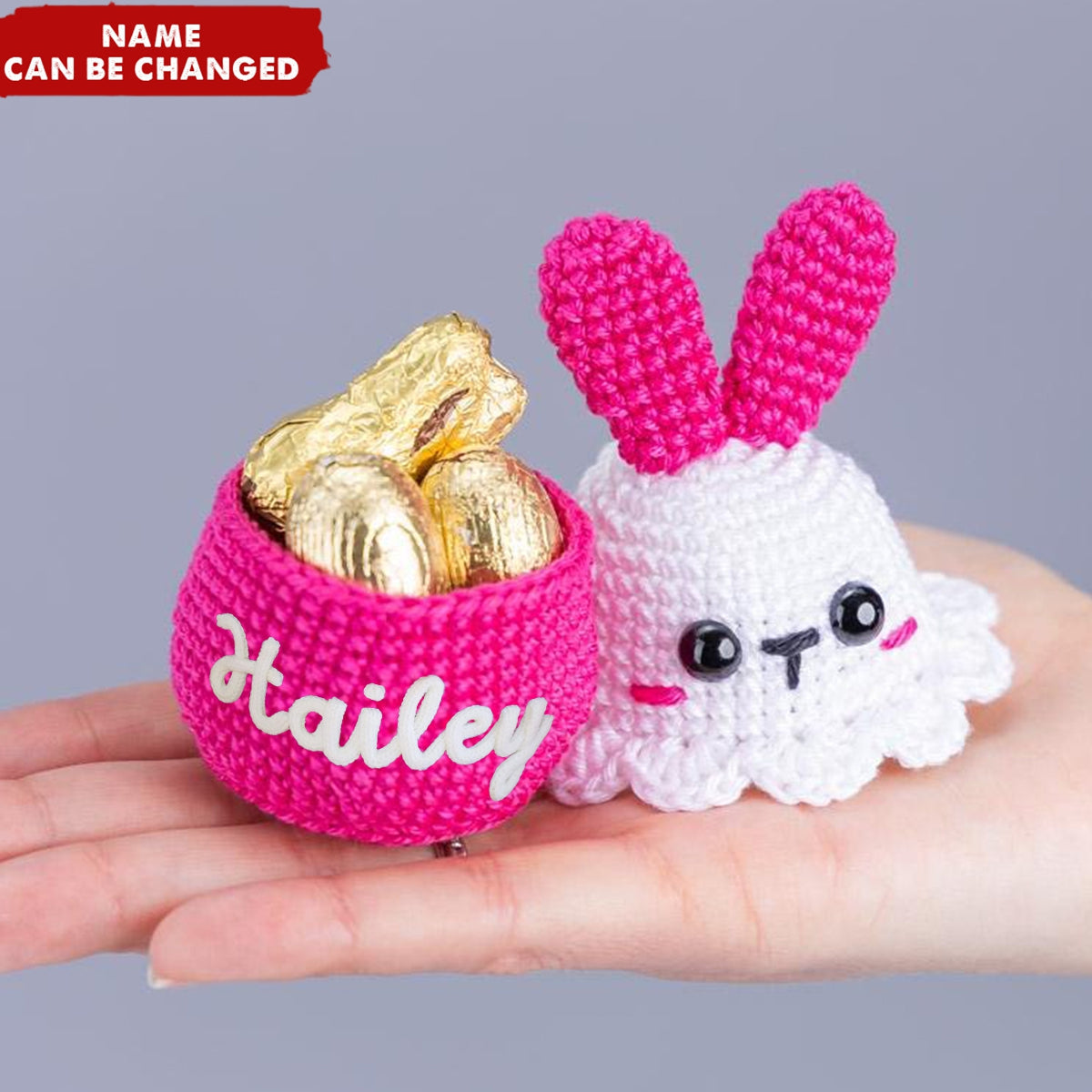 Personalized Name Crochet Easter Bunny Egg Cozy & Candy Bowl Basket