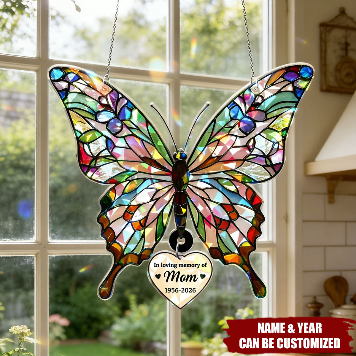 Personalized Butterfly Suncatcher with Hanging Heart, Memorial Gift for Mom