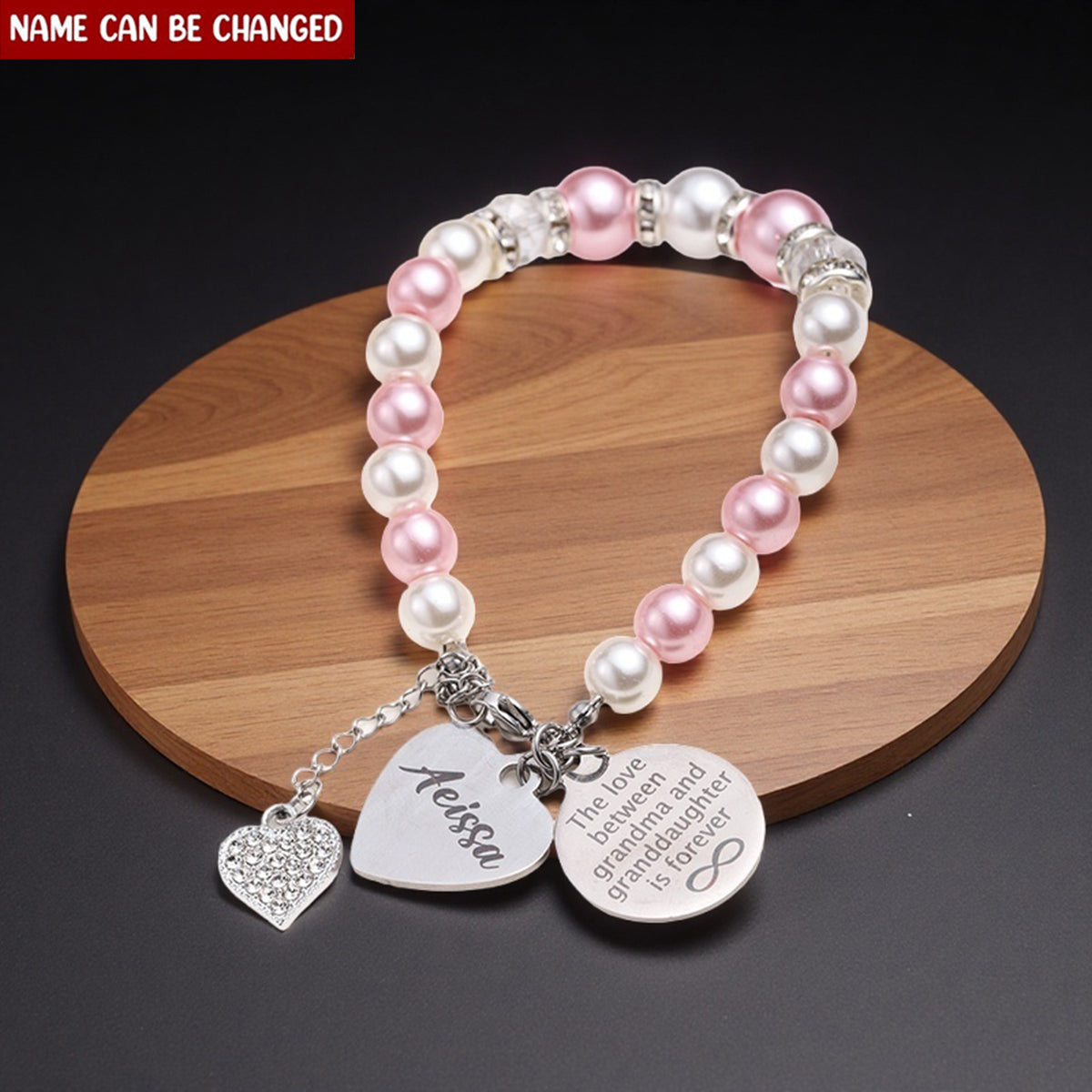 Personalized Glass Pearl Bracelet - Adjustable Beaded Chain with Crystal Charm Gift for Granddaughter