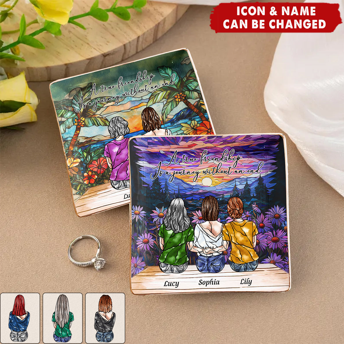 A True Friendship Is A Journey Without An End Stained Glass Style - Personalized Jewelry Dish