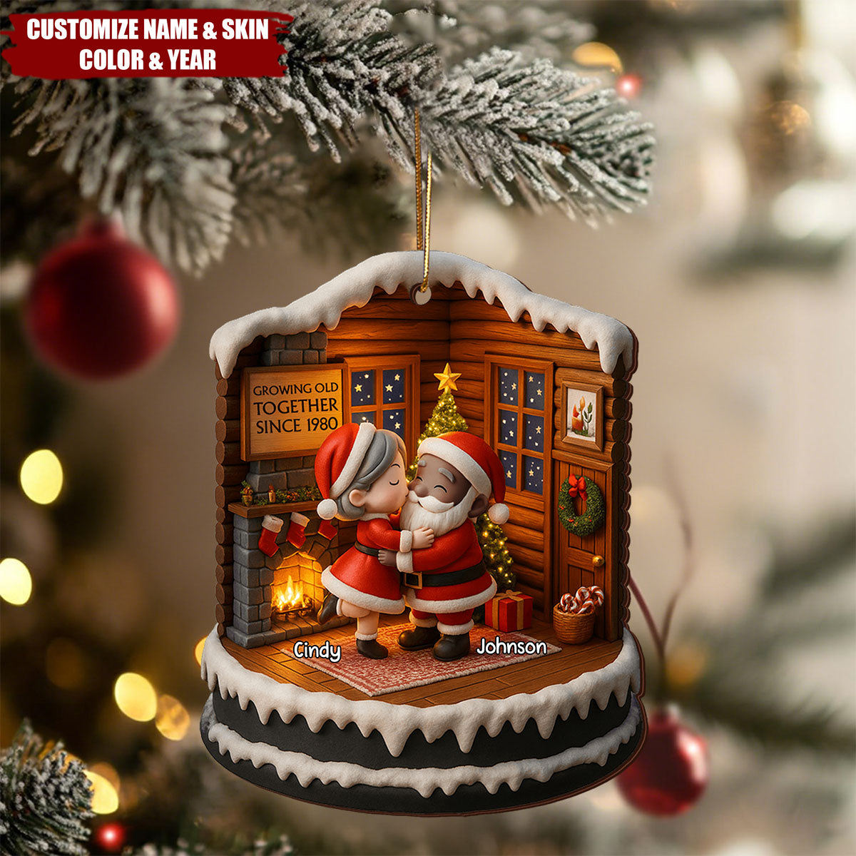 Growing Old Together Since, Santa Claus And Christmas Tree, Custom Wood Ornament, Gift For Couples And Grandparents