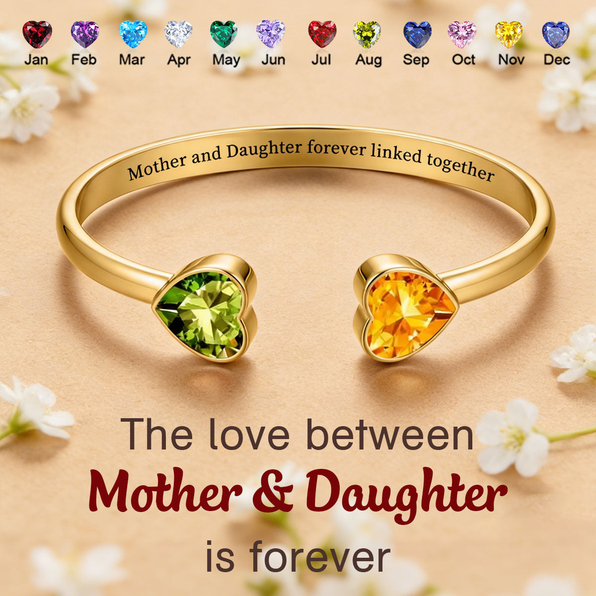 Mother & Daughter Double Heart Custom Birthstones Bracelet