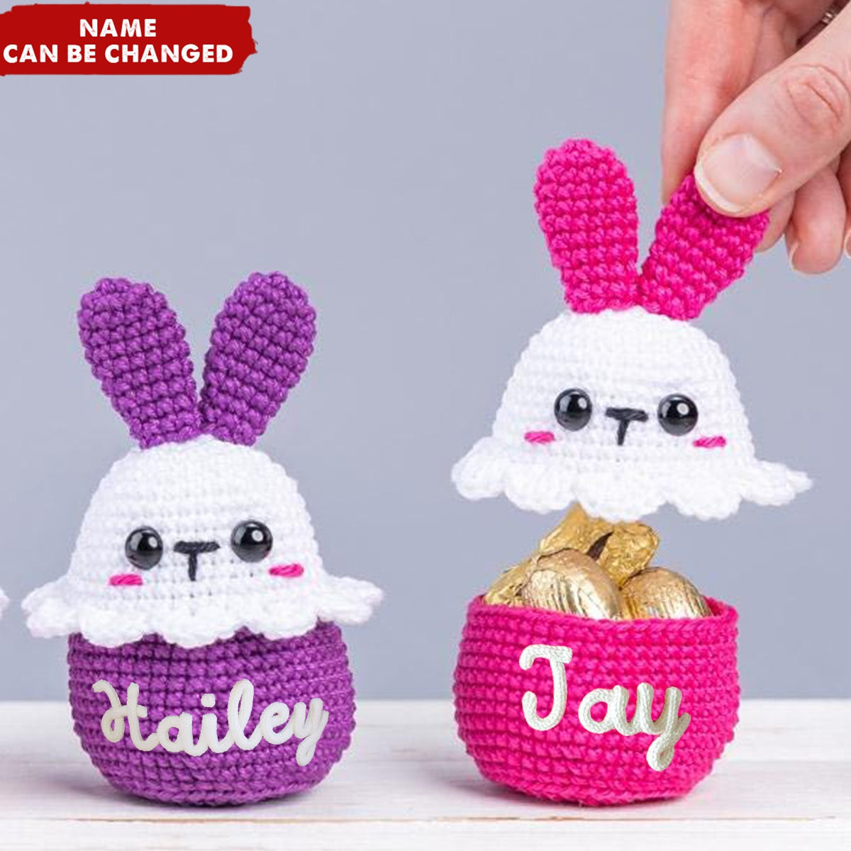 Personalized Name Crochet Easter Bunny Egg Cozy & Candy Bowl Basket