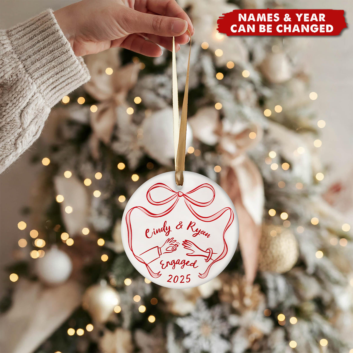 First Christmas Engaged Personalized Ceramic Ornament - Engagement Gift for Couples