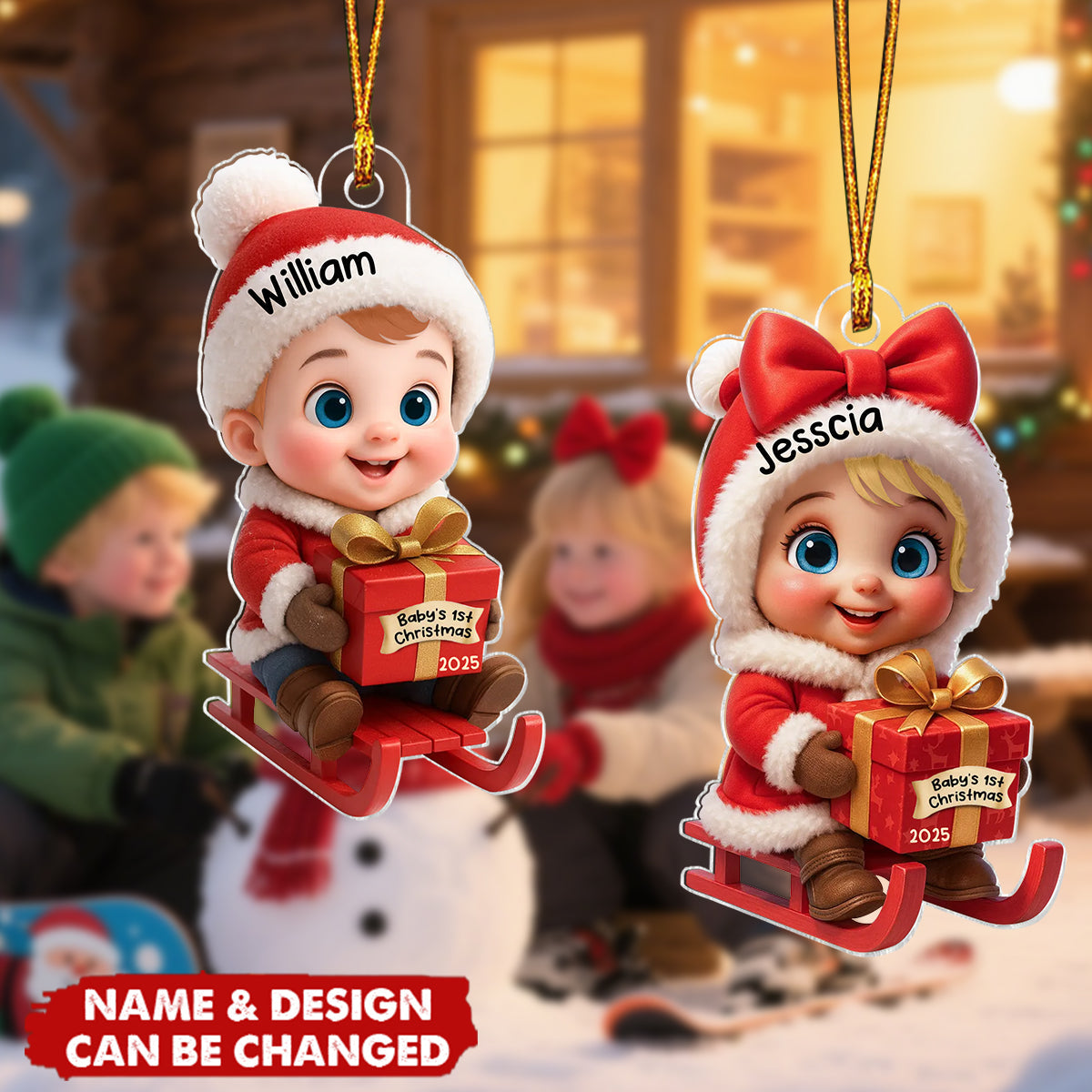 Baby Festive Cheer on a Sled Personalized Acrylic Christmas Ornament, 2025 Keepsake for Newborn