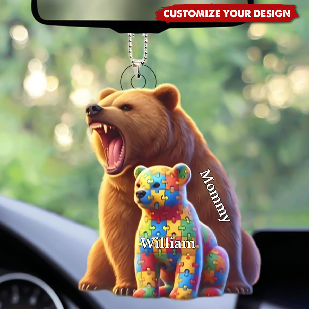 Autism Mama Bear Personalized Acrylic Car Ornament, Gifts For Mom