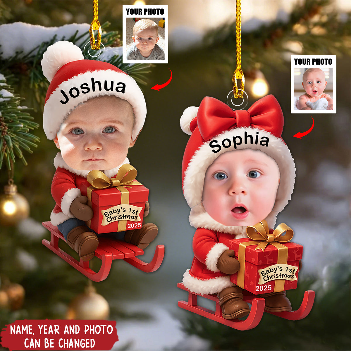 Baby Festive Cheer on a Sled - Personalized Christmas Acrylic Ornament