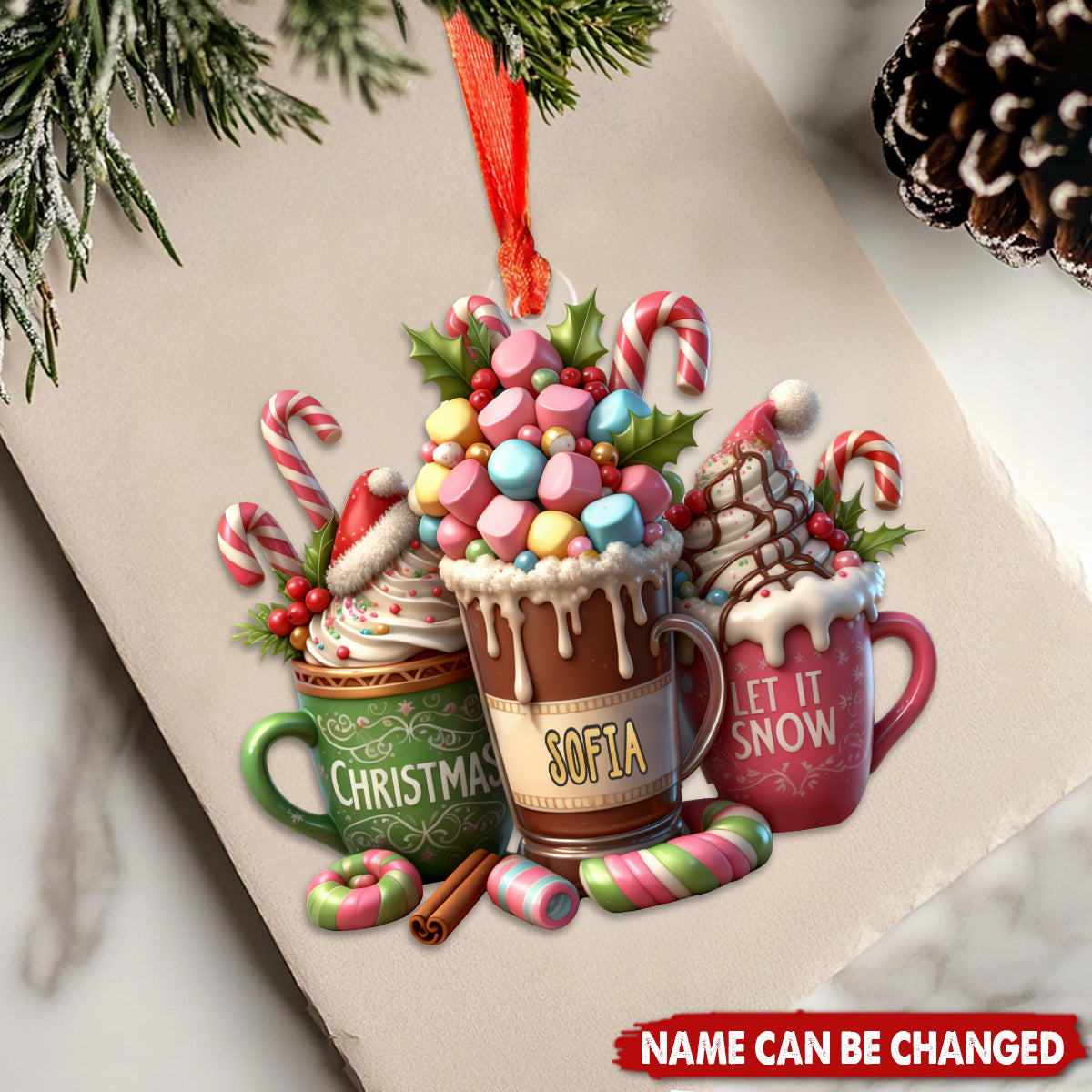 Let It Snow Christmas Candy Cane Hot Cocoa Cup Personalized Acrylic Ornament