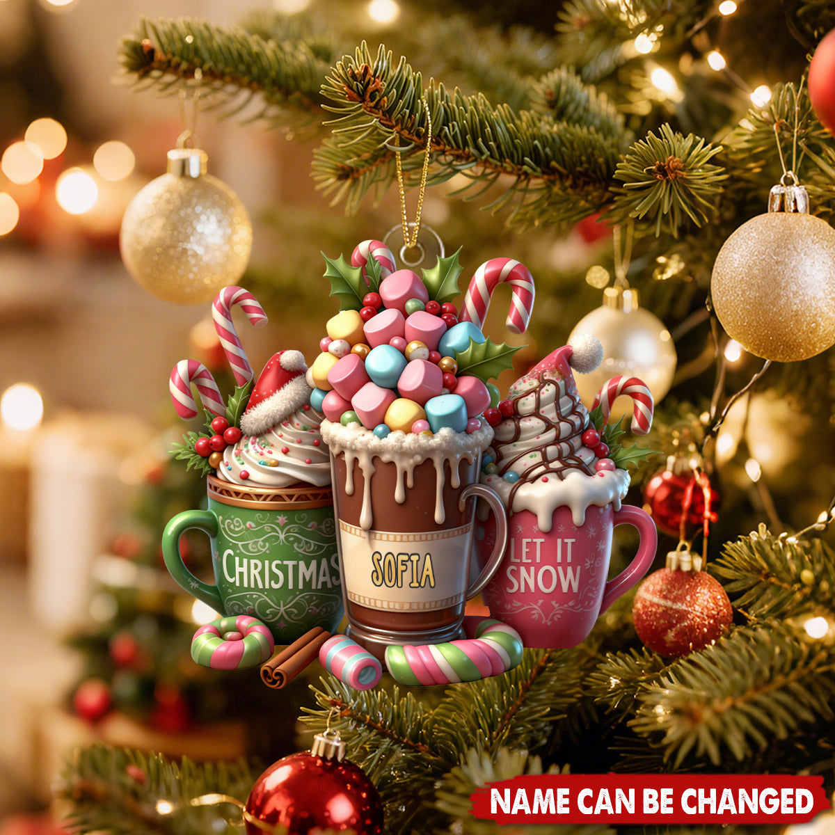 Let It Snow Christmas Candy Cane Hot Cocoa Cup Personalized Acrylic Ornament