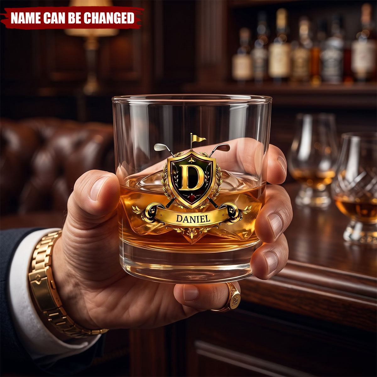 Personalized Golf Badge Whiskey Glass with Name and Initial Father's Day Birthday Gift for Golfers Golf Lovers Men