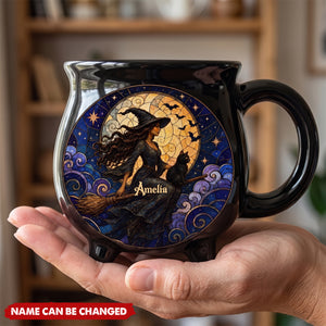 Custom Ceramic Cauldron Coffee Mug - Personalized Halloween Witchy Gifts For Wife, Daughter, Besties, Sisters, Granddaughter, Grandma, Mom, Yourself - Flying High In The Midnight Sky